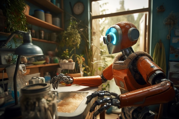 Robot humanoïde effectuant un travail humain régulier, symbolisant l'automatisation marketing avec l'IA.