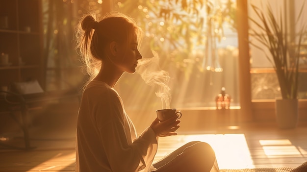 Femme buvant une tasse de thé le matin, symbole de bien-être et de rituel matinal sain.